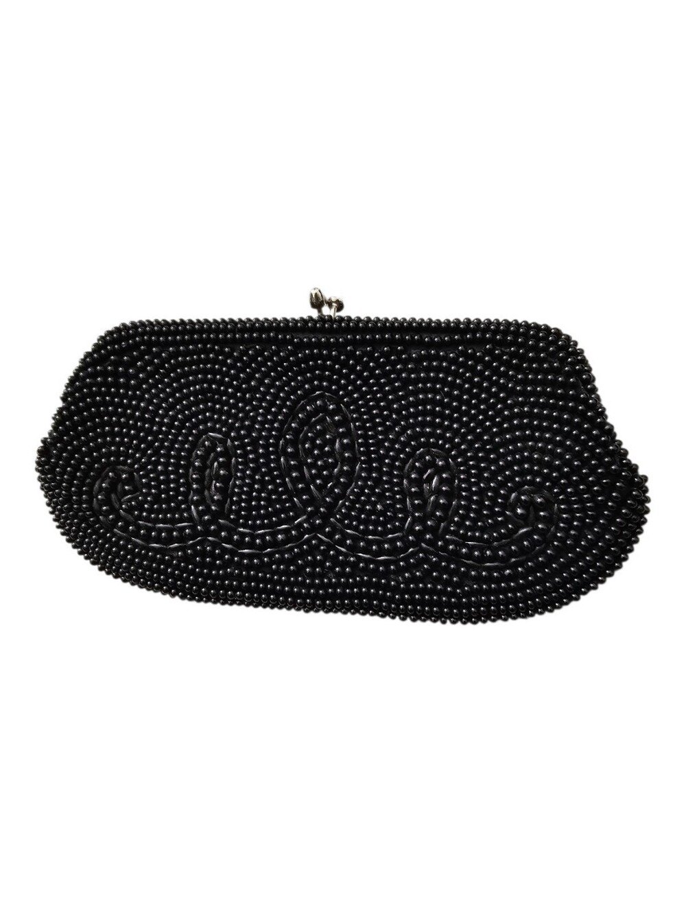 Vntg Black Beaded Clutch With Kiss Lock